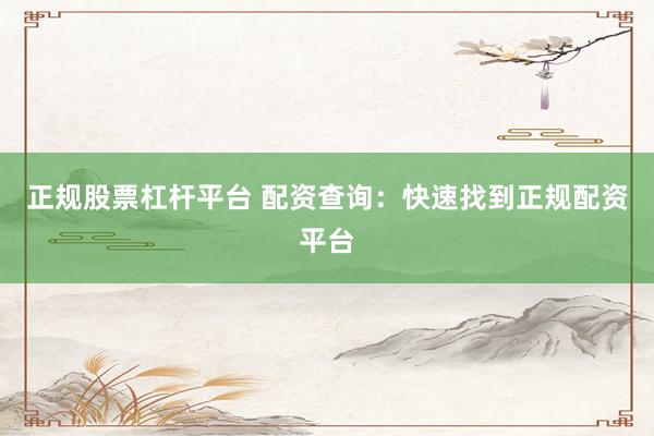 正规股票杠杆平台 配资查询：快速找到正规配资平台
